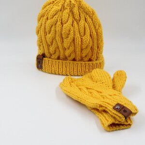 Handmade Hand Knit Winter Chill Set Yellow Cable Knit Hat and Mittens for Kids